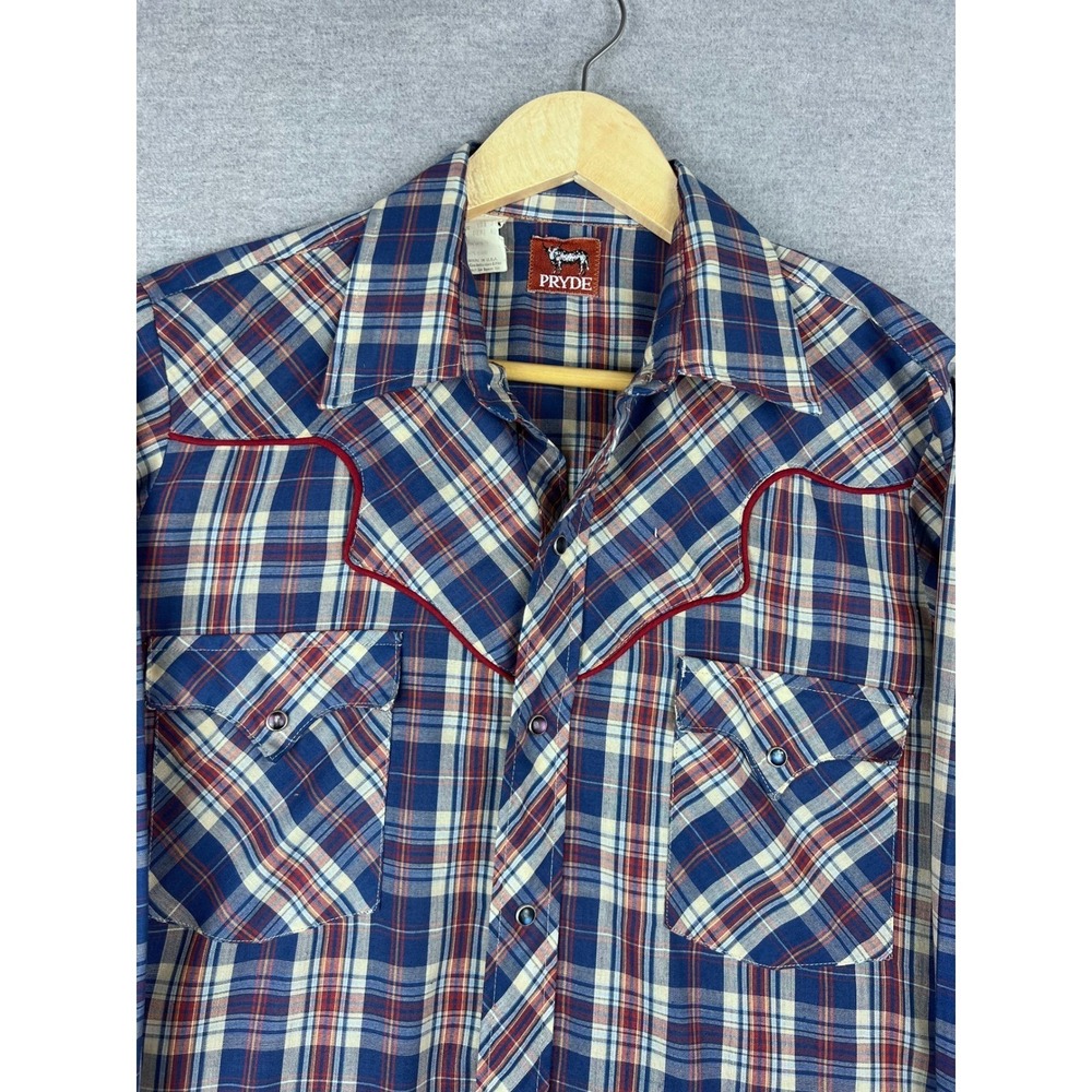 Vintage Pryde Western Pearl Snap Shirt Blue Red Plaid Piping USA Mens Large